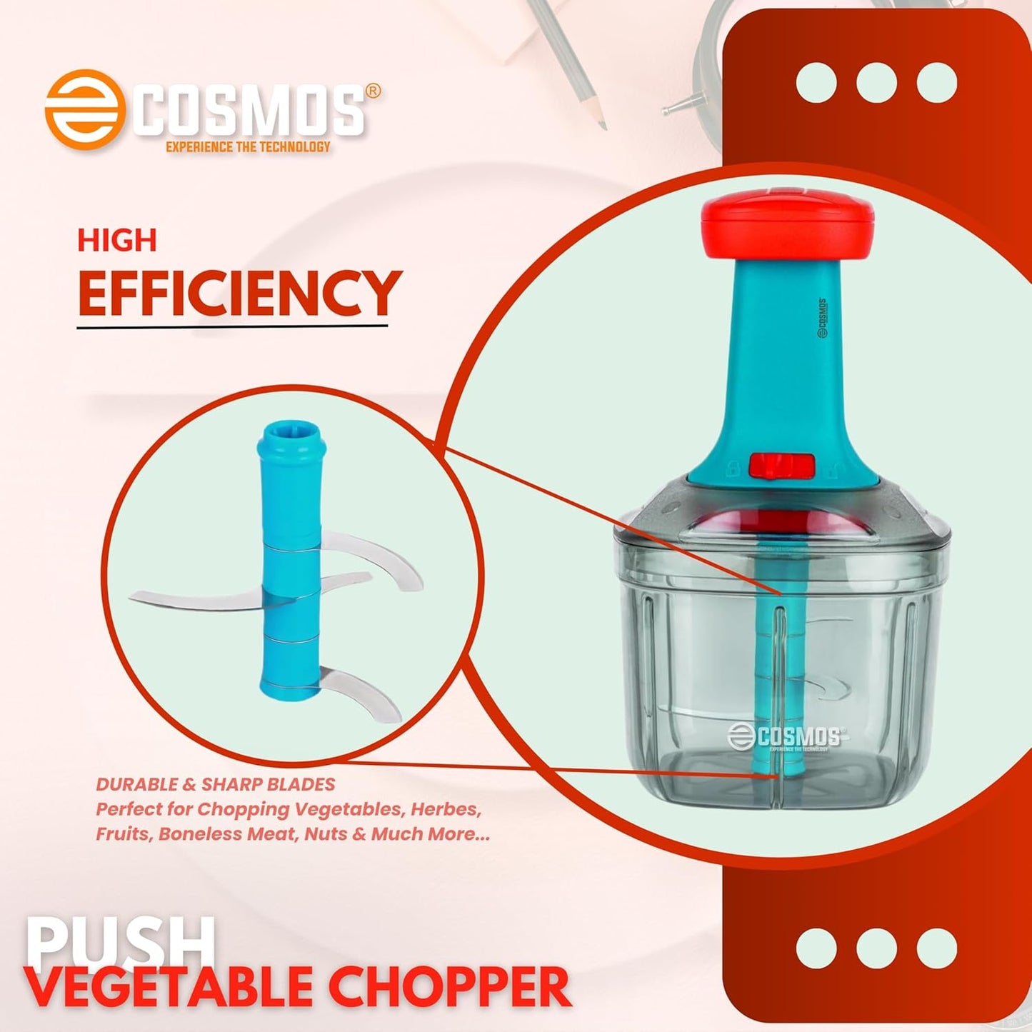 E-COSMOS Food Chopper Manual Hand-Press (Red & Tarquise 900ml with Mixi Blade)
