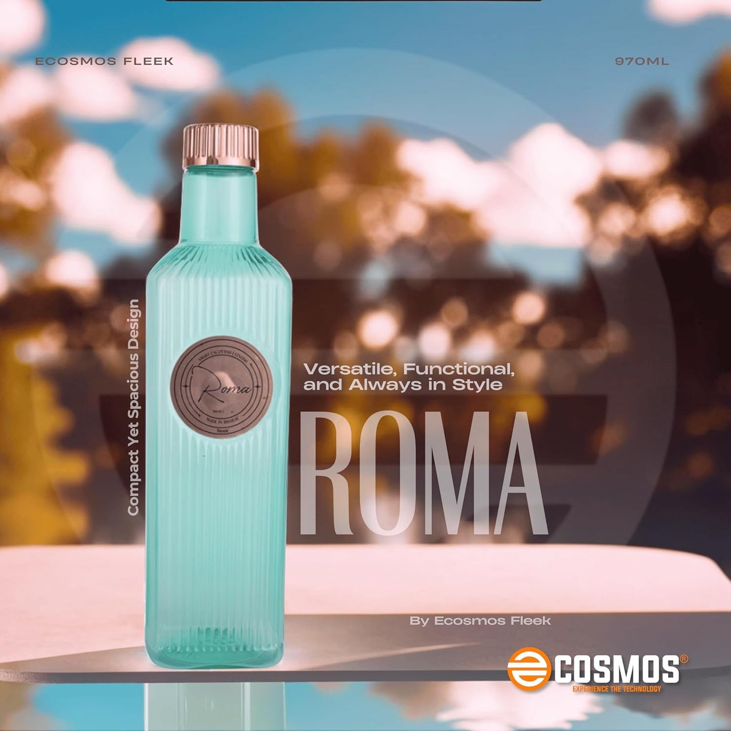 E-COSMOS 970ml Water Bottle - Reusable BPA-Free Fridge Bottle, Durable & Leak Proof for Travel & Work (Roma) (Assorted) POF 1