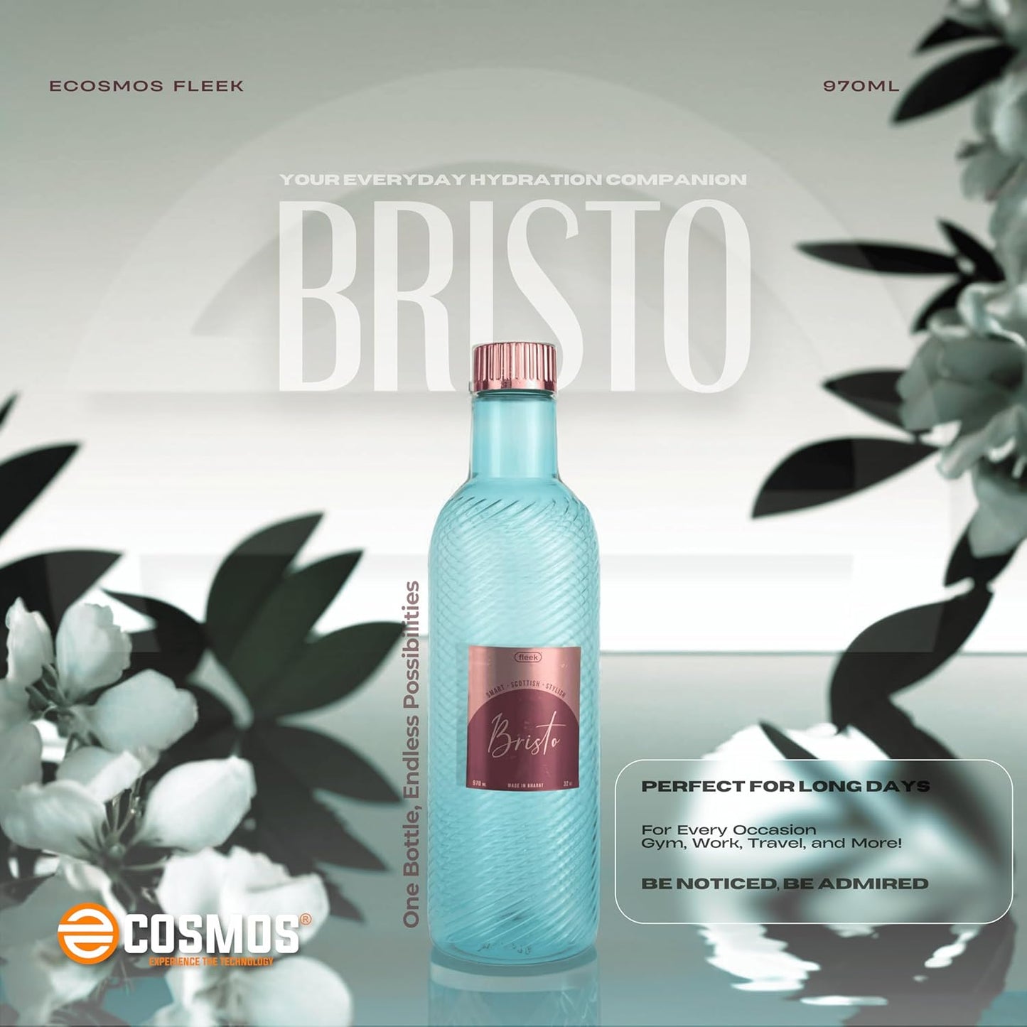 E-COSMOS 970ml Water Bottle - Reusable BPA-Free Fridge Bottle, Durable & Leak Proof for Travel & Work (Bristo) (Assorted) (POF 2)