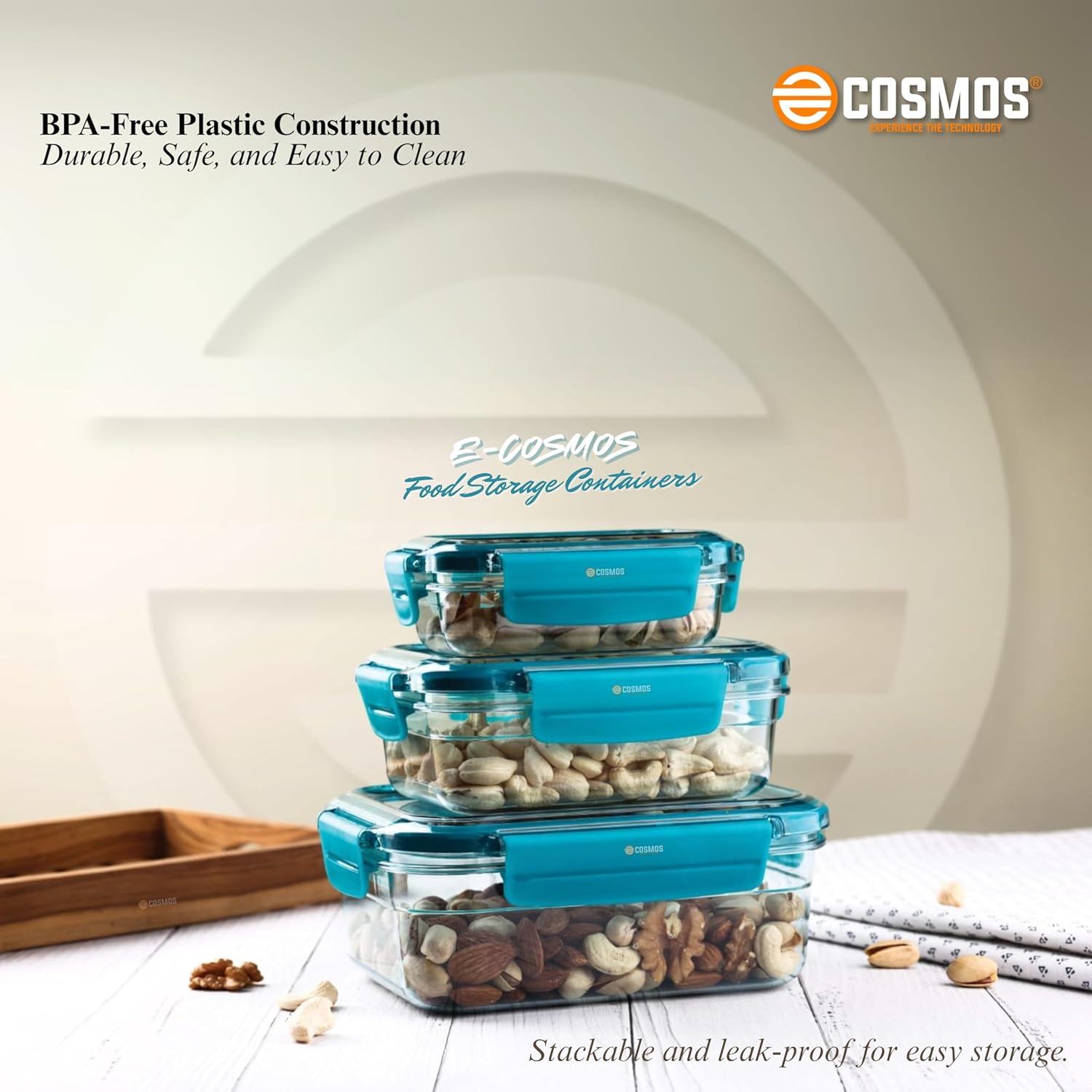 E-COSMOS Airtight Food Storage Jar Container- Versatile Set of 3 Transparent Containers leak Proof (250ml, 650ml, 1250ml) Ideal for Kitchen Organization (Tarquise)