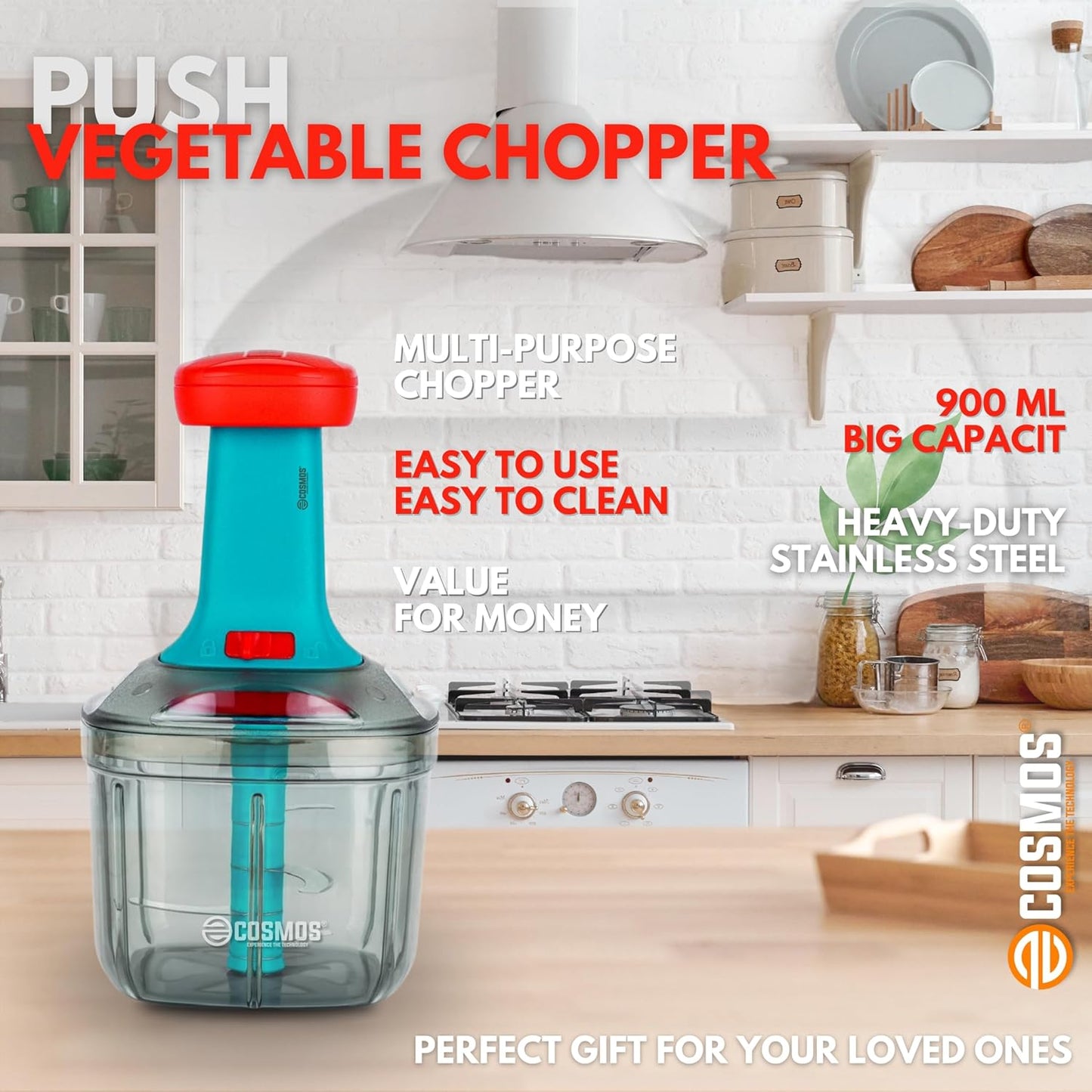 E-COSMOS Food Chopper Manual Hand-Press (Red & Tarquise 900ml with Mixi Blade)