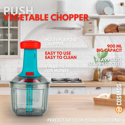 E-COSMOS Food Chopper Manual Hand-Press (Red & Tarquise 900ml with Mixi Blade)