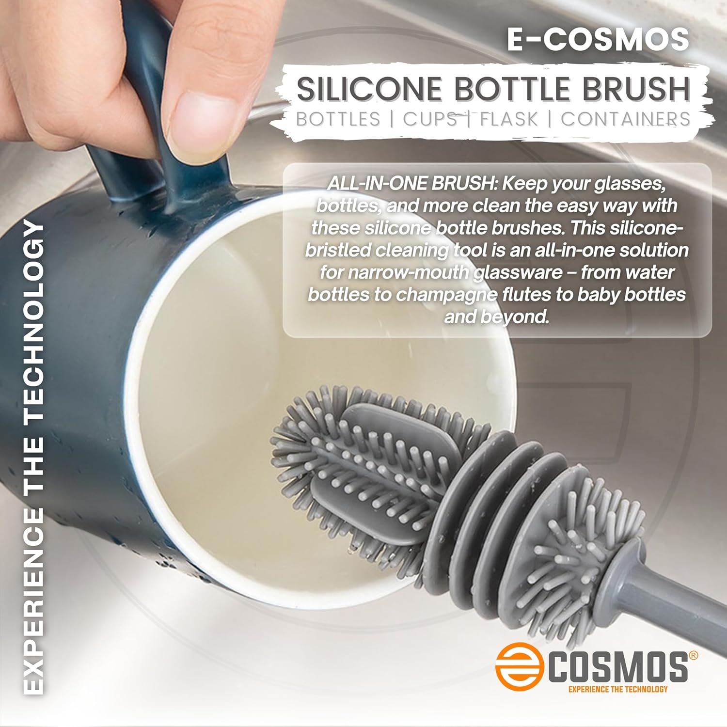 E-COSMOS Bottle Cleaning Brush Silicone Long Handle, Water Bottle, Containers, Vase and Glass, Bottle Cleaner for Kitchen Accessories Kitchen Tools Item Products Gadgets