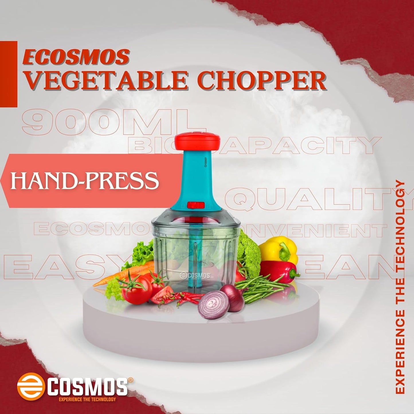 E-COSMOS Food Chopper Manual Hand-Press (Red & Tarquise 900ml with Mixi Blade)