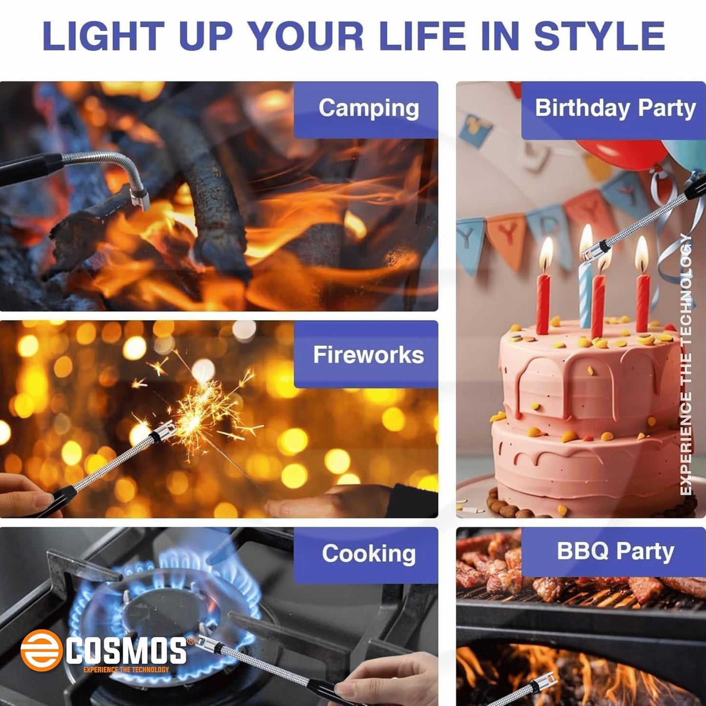 E-COSMOS Electric Lighter for Candles Rechargeable Electric Gas Home Use Candle Plasma Flameless Windproof USB 360° Flexible Neck Arc (Multicolor)