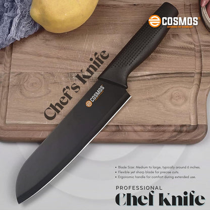 E-COSMOS Professional 3-Piece Kitchen Knife Set - High Carbon Stainless Steel Chef, Utility & Santoku Knives with Ergonomic Blue Handles (3PC) (Black)