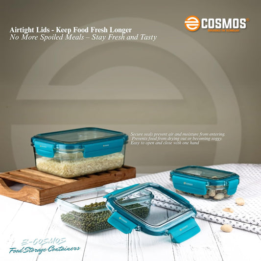 E-COSMOS Airtight Food Storage Jar Container- Versatile Set of 3 Transparent Containers leak Proof (250ml, 650ml, 1250ml) Ideal for Kitchen Organization (Tarquise)