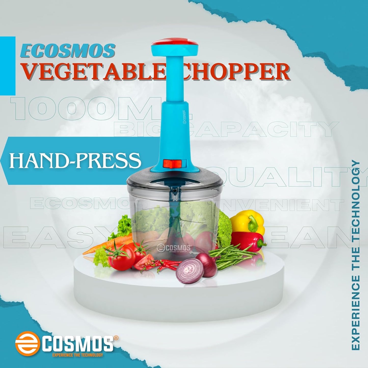 E-COSMOS Food Chopper Manual Hand-Press (Red & Tarquise 1000ml)