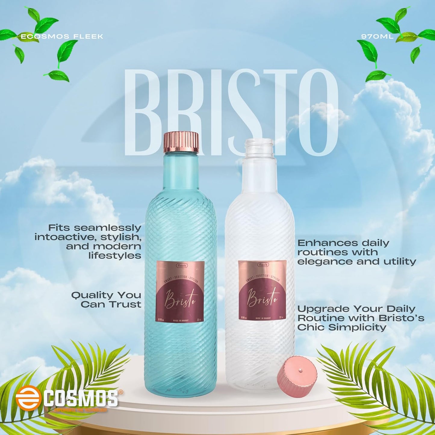 E-COSMOS 970ml Water Bottle - Reusable BPA-Free Fridge Bottle, Durable & Leak Proof for Travel & Work (Bristo) (Assorted) (POF 2)