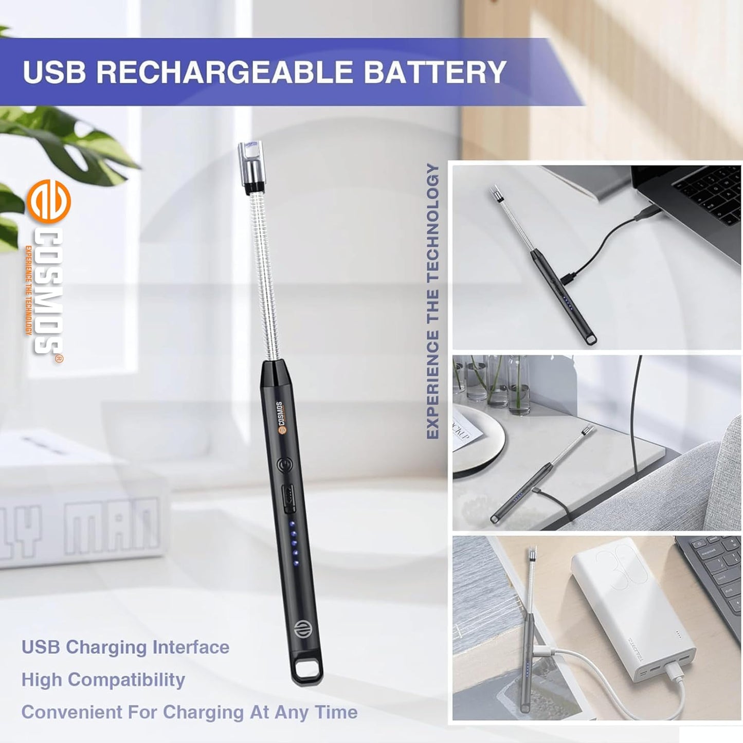 E-COSMOS Electric Lighter for Candles Rechargeable Electric Gas Home Use Candle Plasma Flameless Windproof USB 360° Flexible Neck Arc (Multicolor)