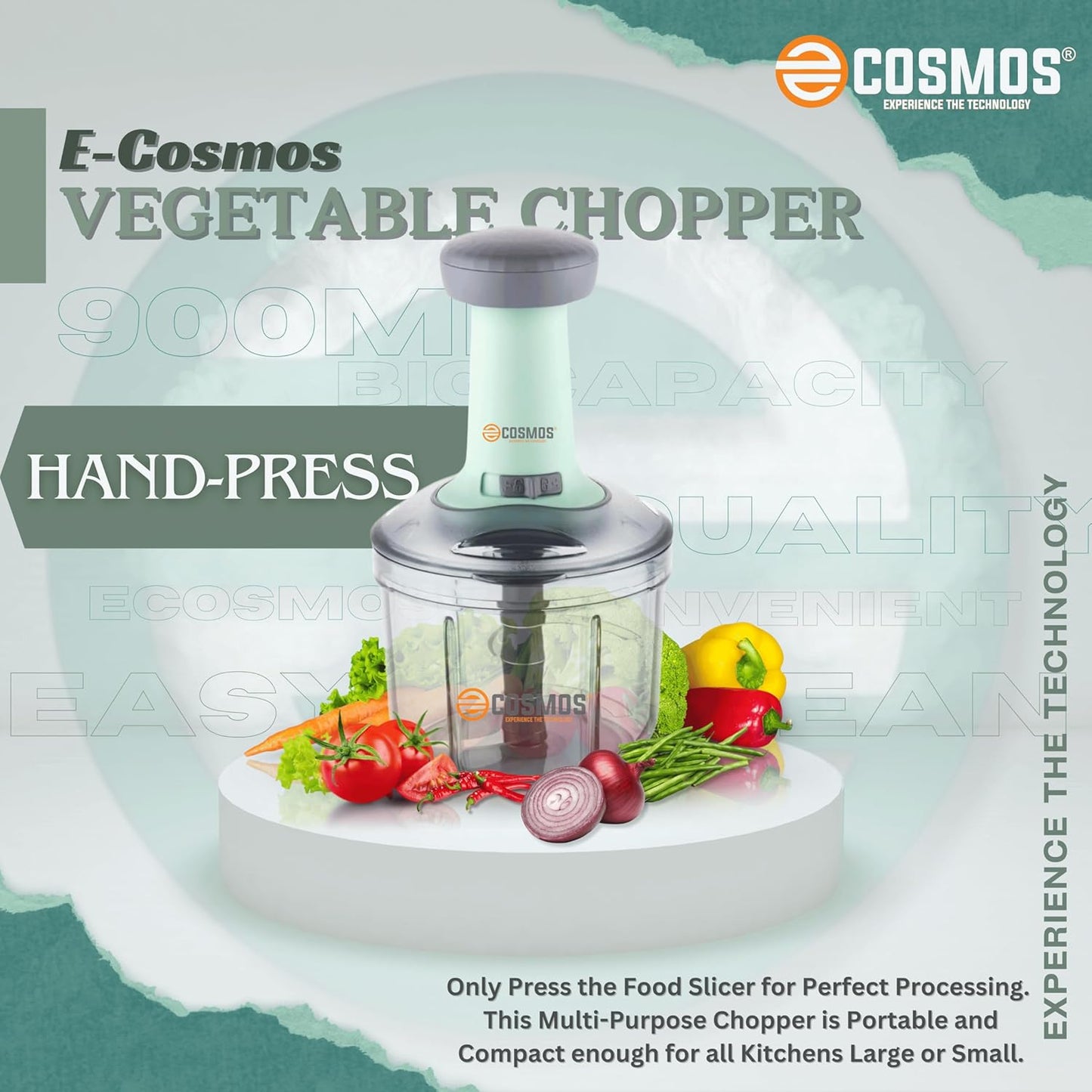 E-COSMOS Food Chopper 900ml, 4 Blade Steel Large Manual Hand-Press Vegetable Chopper Mixer Cutter to Cut Onion, Salad, Tomato, Potato (Pack of 1) 900ml