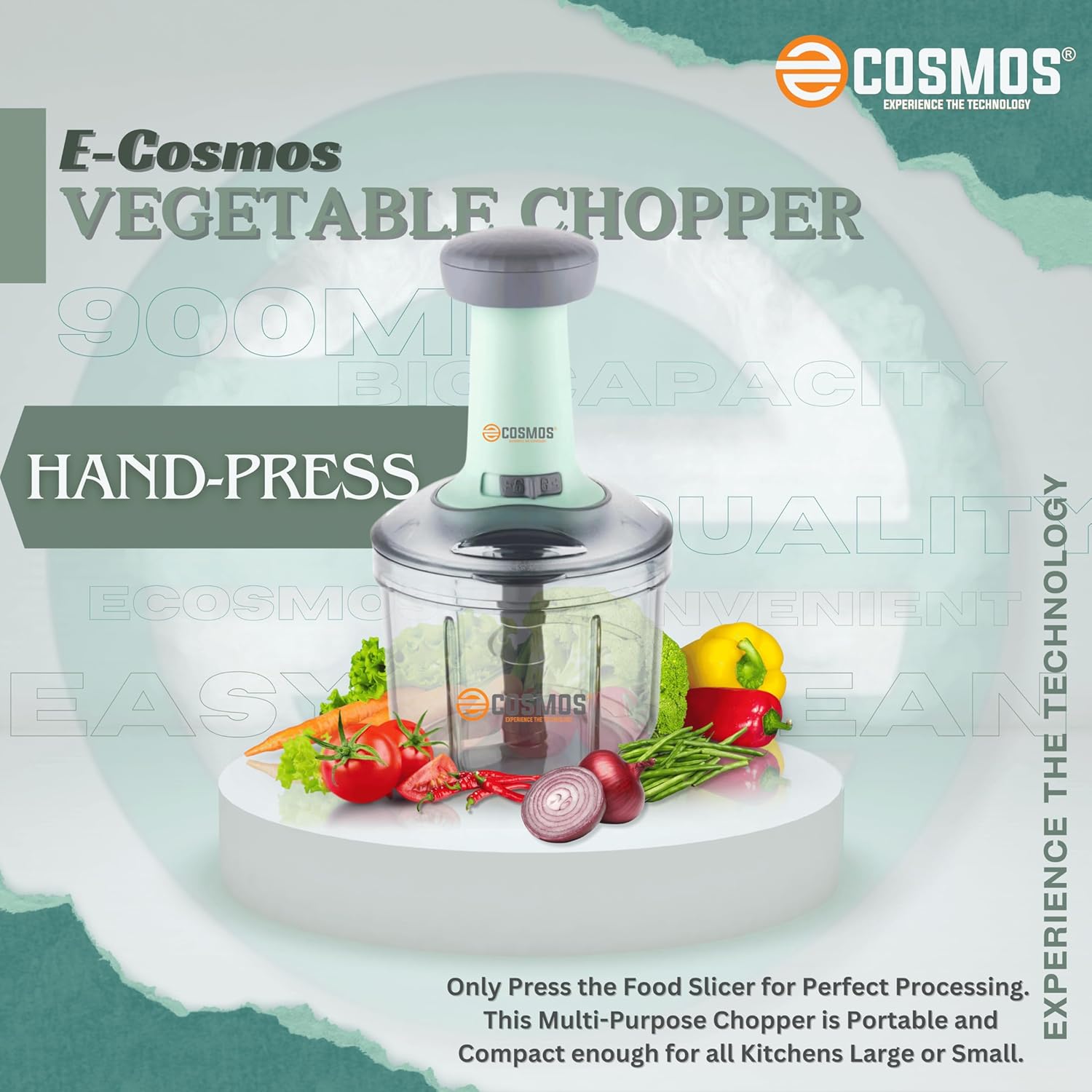 E-COSMOS Food Chopper 900ml, 4 Blade Steel Large Manual Hand-Press Vegetable Chopper Mixer Cutter to Cut Onion, Salad, Tomato, Potato (Pack of 1) 900ml