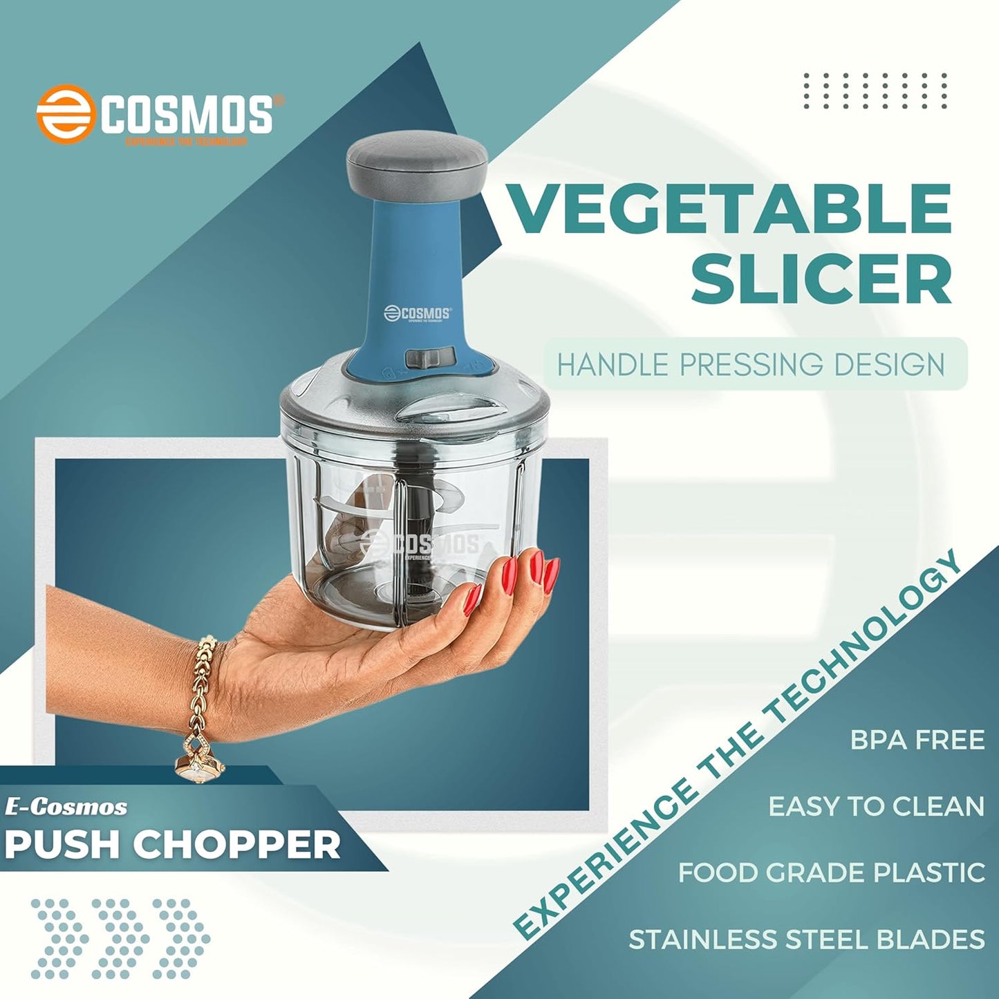 E-COSMOS Food Chopper Manual Hand-Press (Tarquise 900ml)
