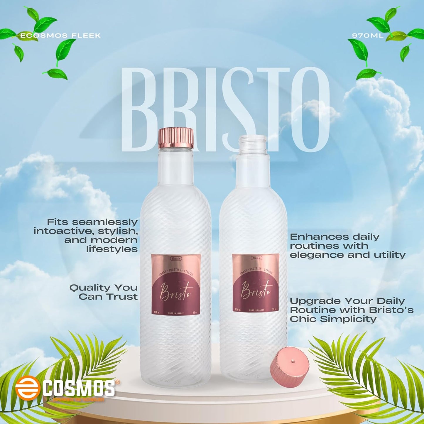 E-COSMOS 970ml Water Bottle - Reusable BPA-Free Fridge Bottle, Durable & Leak Proof for Travel & Work (Bristo) (Assorted) POF 1