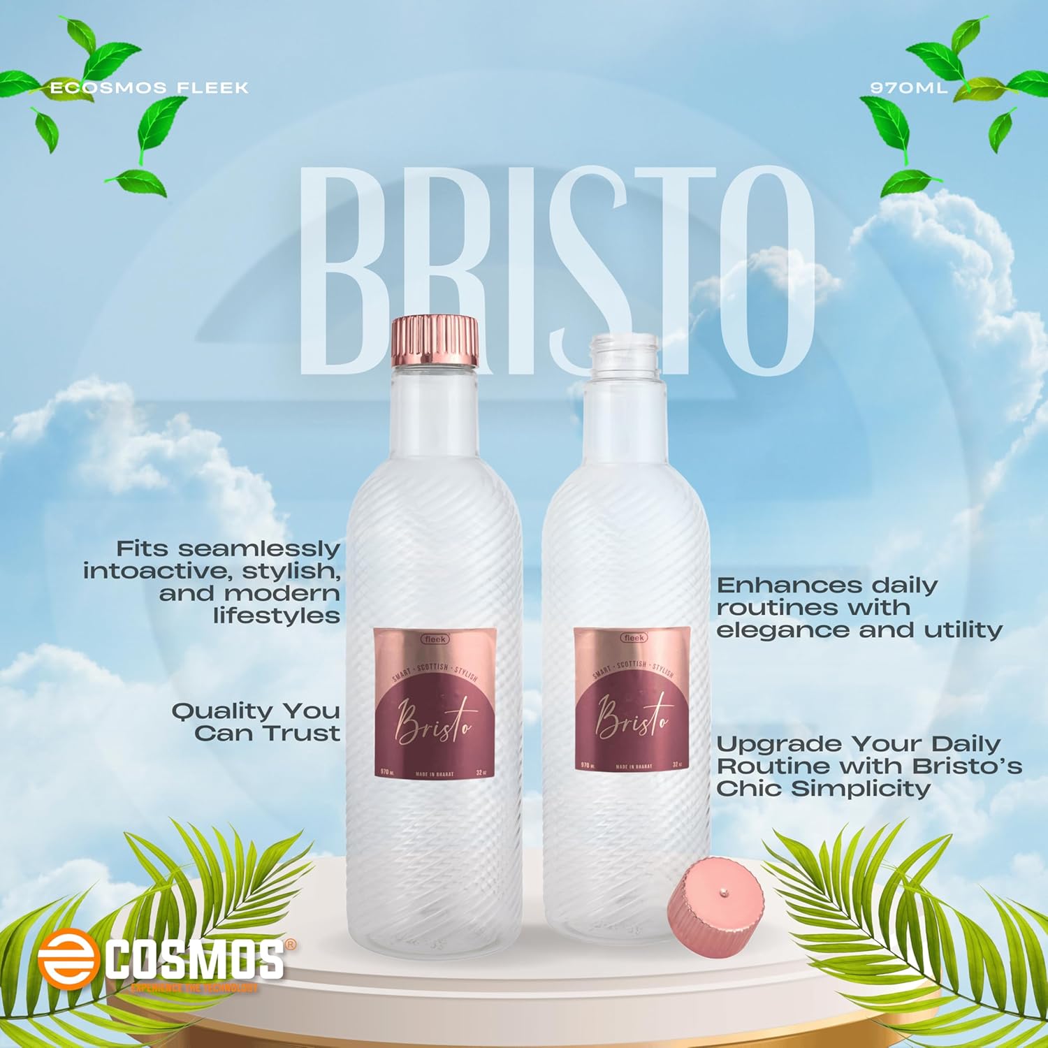 E-COSMOS 970ml Water Bottle - Reusable BPA-Free Fridge Bottle, Durable & Leak Proof for Travel & Work (Bristo) (Assorted) POF 1