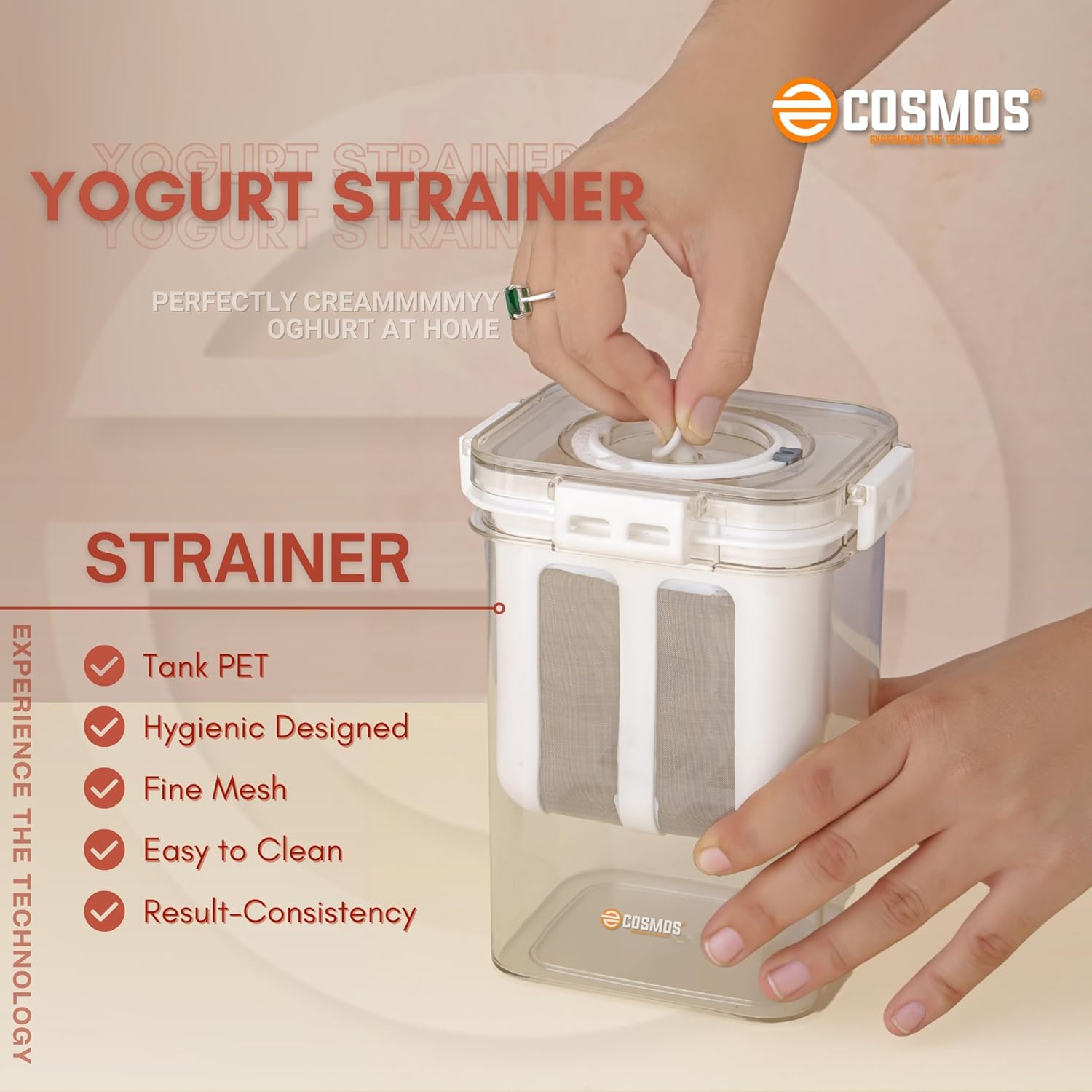 E-COSMOS Greek Yogurt & Hung Curd - 1100ml Fine Mesh Strainer with Lid | Multifunctional Yogurt Filter | Curd Maker for Home | Perfect for Homemade Yogurt, Curd, Cheese Maker (Greek Yogurt Maker)