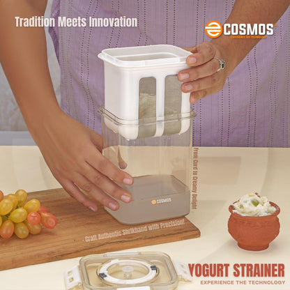 E-COSMOS Greek Yogurt & Hung Curd - 1100ml Fine Mesh Strainer with Lid | Multifunctional Yogurt Filter | Curd Maker for Home | Perfect for Homemade Yogurt, Curd, Cheese Maker (Greek Yogurt Maker)