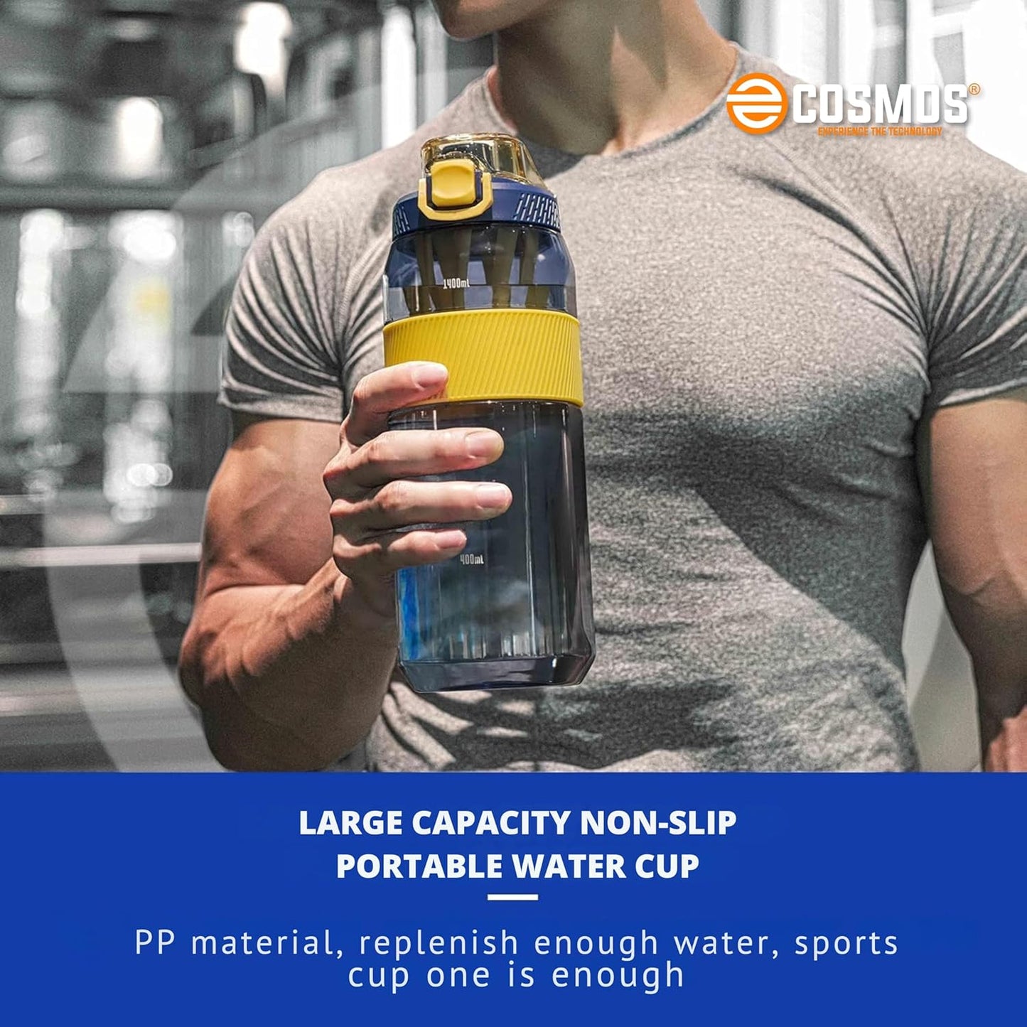 E-COSMOS 1600 ML Water Bottle & 54 OZ with Travel Mug & Straw | Leak-Proof, BPA-Free, Non-Toxic Water Bottle for Gym, Office, Outdoor | Portable Sports Bottle for Men & Women(Blue)