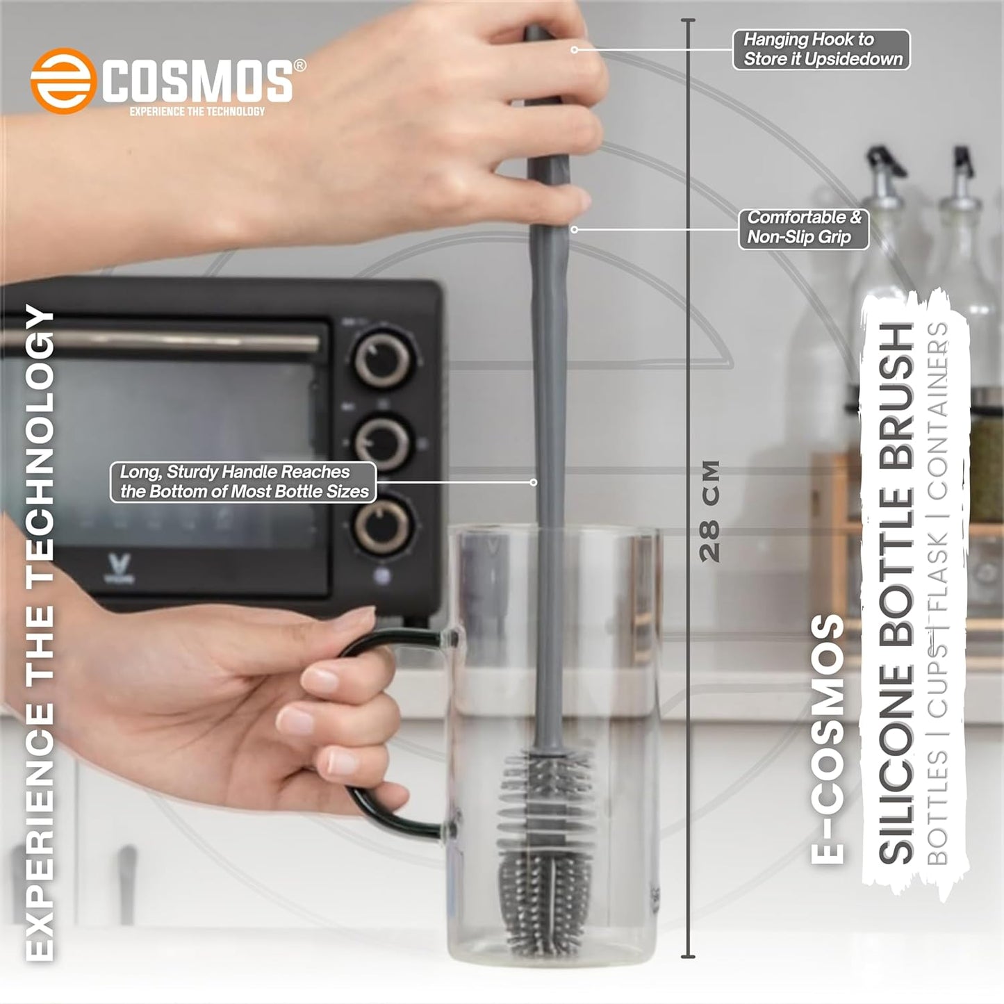 E-COSMOS Bottle Cleaning Brush Silicone Long Handle, Water Bottle, Containers, Vase and Glass, Bottle Cleaner for Kitchen Accessories Kitchen Tools Item Products Gadgets
