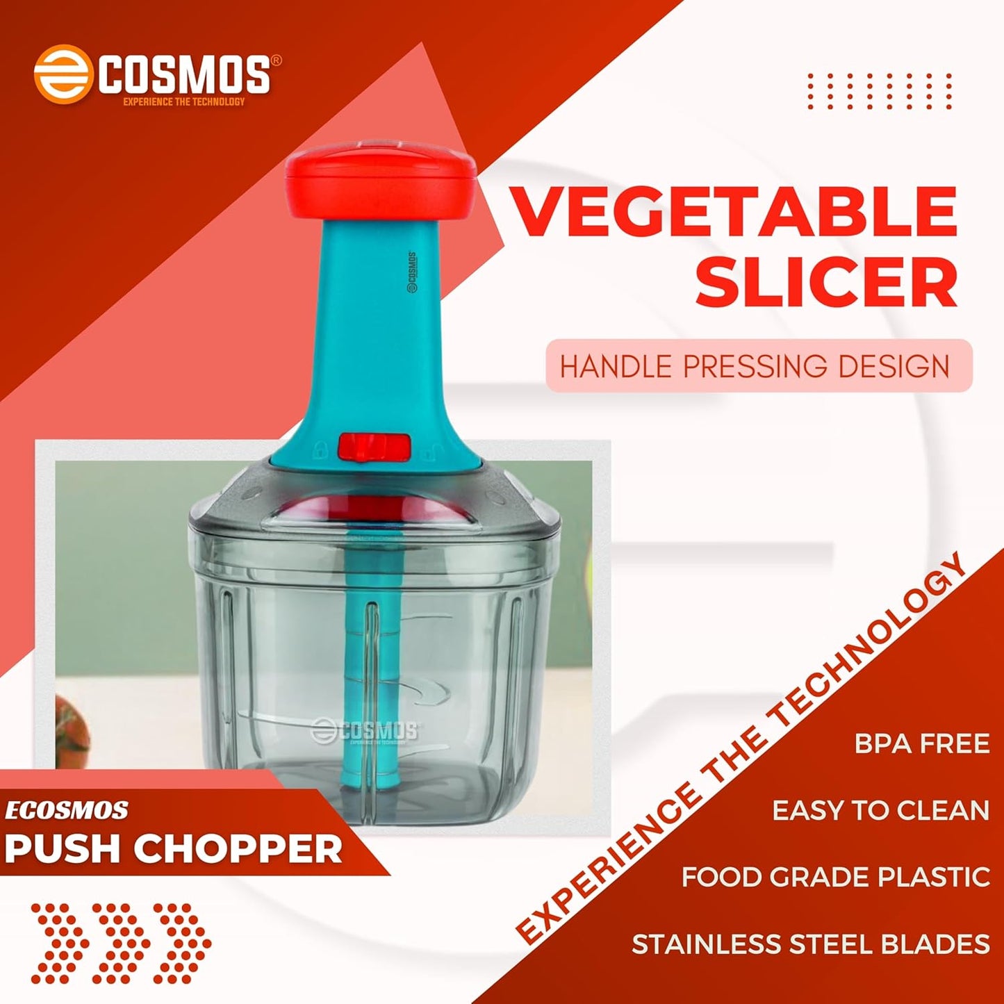 E-COSMOS Food Chopper Manual Hand-Press (Red & Tarquise 900ml with Mixi Blade)