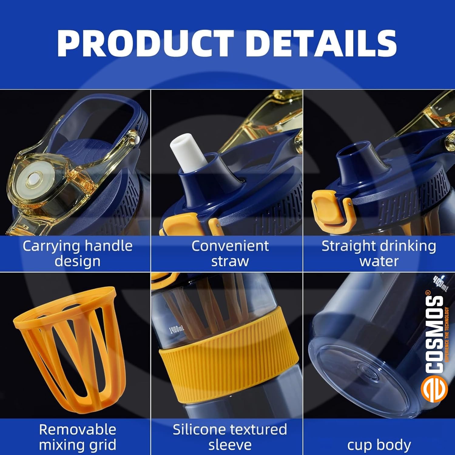 E-COSMOS 1600 ML Water Bottle & 54 OZ with Travel Mug & Straw | Leak-Proof, BPA-Free, Non-Toxic Water Bottle for Gym, Office, Outdoor | Portable Sports Bottle for Men & Women(Blue)
