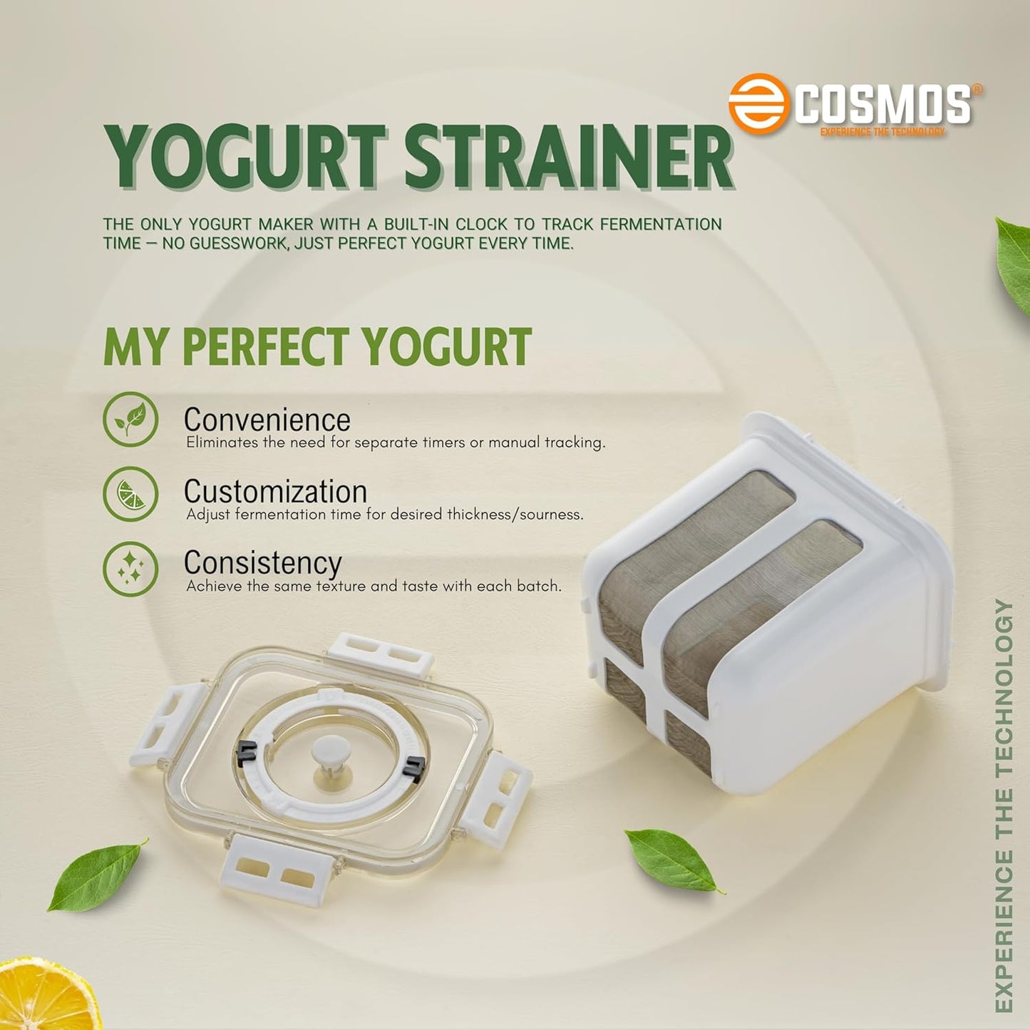 E-COSMOS Greek Yogurt & Hung Curd - 1100ml Fine Mesh Strainer with Lid | Multifunctional Yogurt Filter | Curd Maker for Home | Perfect for Homemade Yogurt, Curd, Cheese Maker (Greek Yogurt Maker)