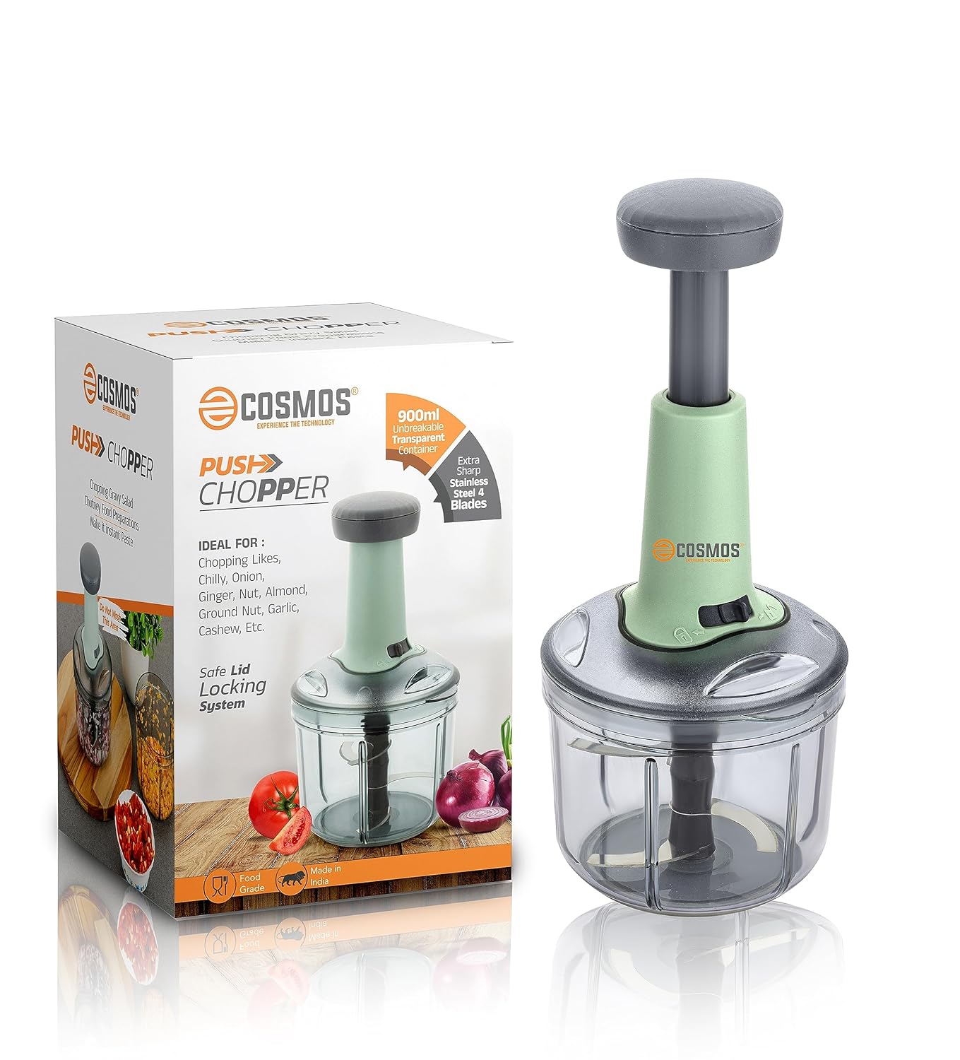 E-COSMOS Food Chopper 900ml, 4 Blade Steel Large Manual Hand-Press Vegetable Chopper Mixer Cutter to Cut Onion, Salad, Tomato, Potato (Pack of 1) 900ml