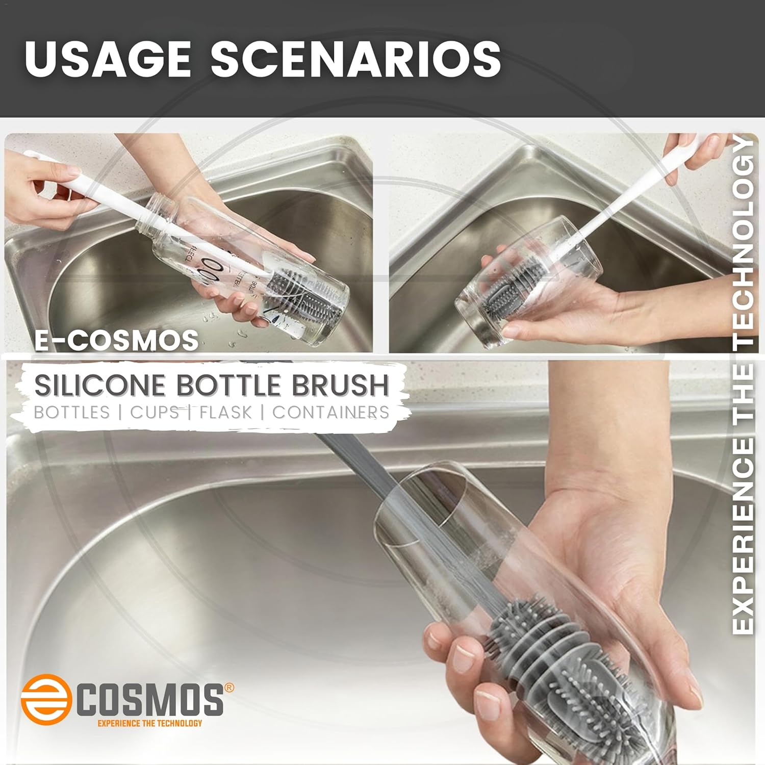E-COSMOS Bottle Cleaning Brush Silicone Long Handle, Water Bottle, Containers, Vase and Glass, Bottle Cleaner for Kitchen Accessories Kitchen Tools Item Products Gadgets