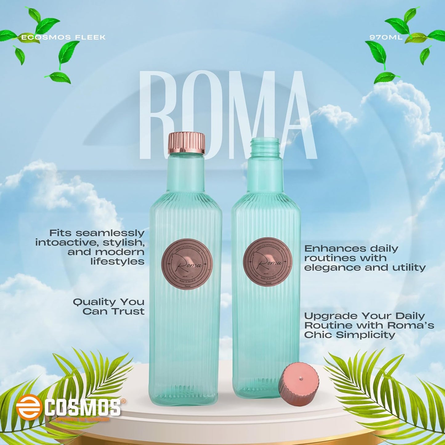 E-COSMOS 970ml Water Bottle - Reusable BPA-Free Fridge Bottle, Durable & Leak Proof for Travel & Work (Roma) (Assorted) POF 1