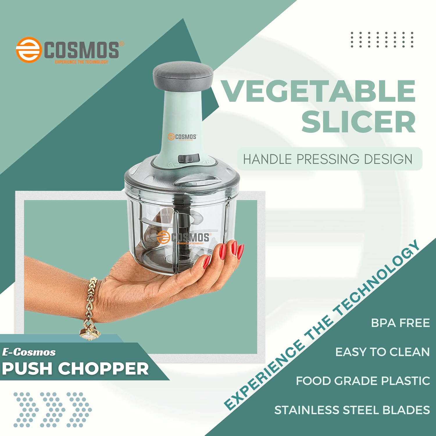 E-COSMOS Food Chopper 900ml, 4 Blade Steel Large Manual Hand-Press Vegetable Chopper Mixer Cutter to Cut Onion, Salad, Tomato, Potato (Pack of 1) 900ml