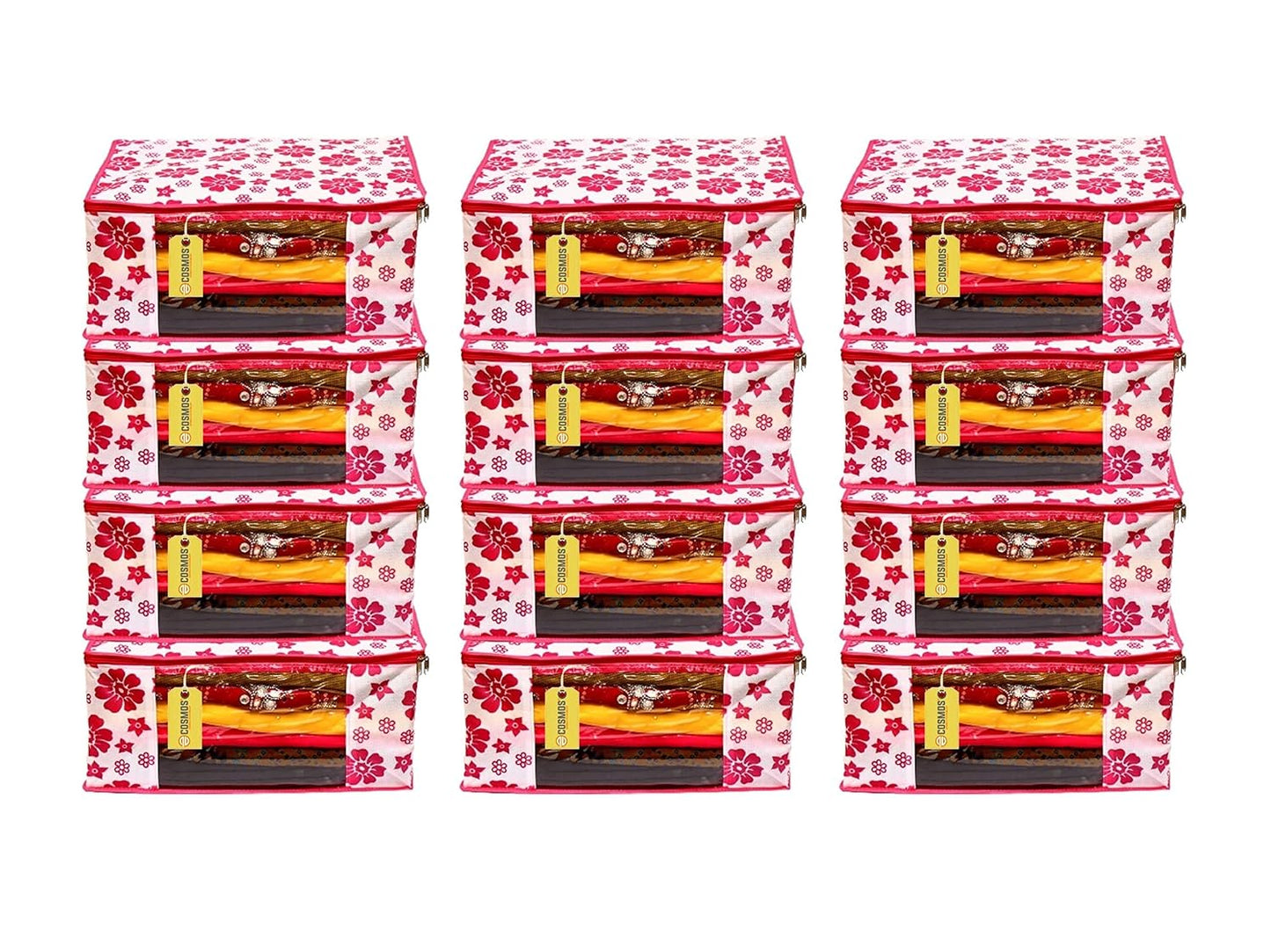 E-COSMOS Flower Design 6 Piece Non Woven Fabric Saree Cover Set with Transparent Window, Extra Large, Pink (Pack of 12)