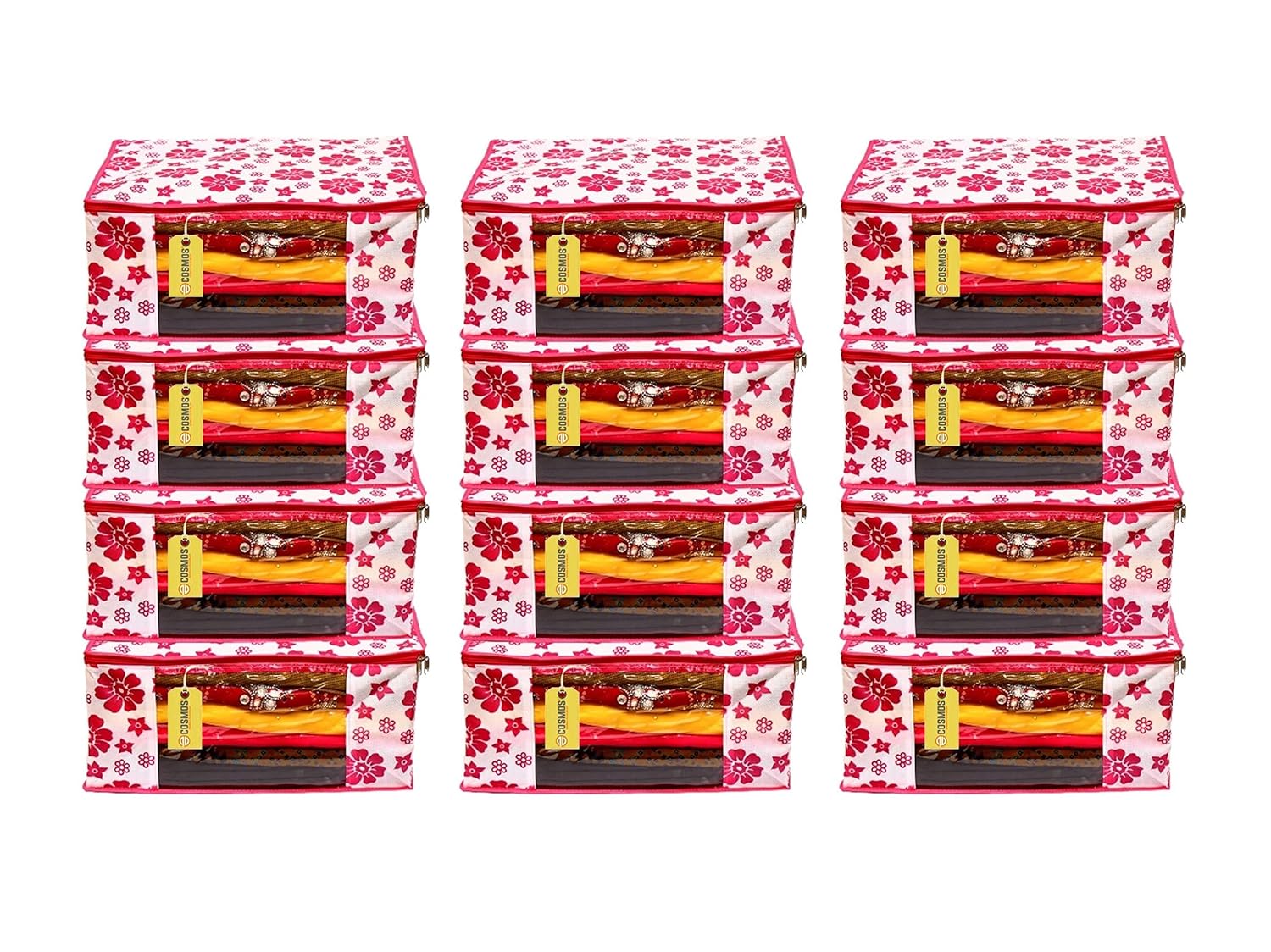 E-COSMOS Flower Design 6 Piece Non Woven Fabric Saree Cover Set with Transparent Window, Extra Large, Pink (Pack of 12)