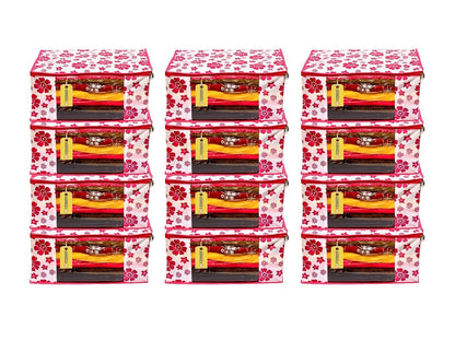E-COSMOS Flower Design 6 Piece Non Woven Fabric Saree Cover Set with Transparent Window, Extra Large, Pink (Pack of 12)