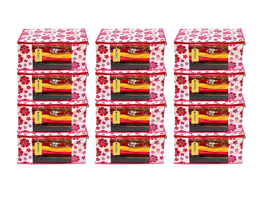 E-COSMOS Flower Design 6 Piece Non Woven Fabric Saree Cover Set with Transparent Window, Extra Large, Pink (Pack of 12)