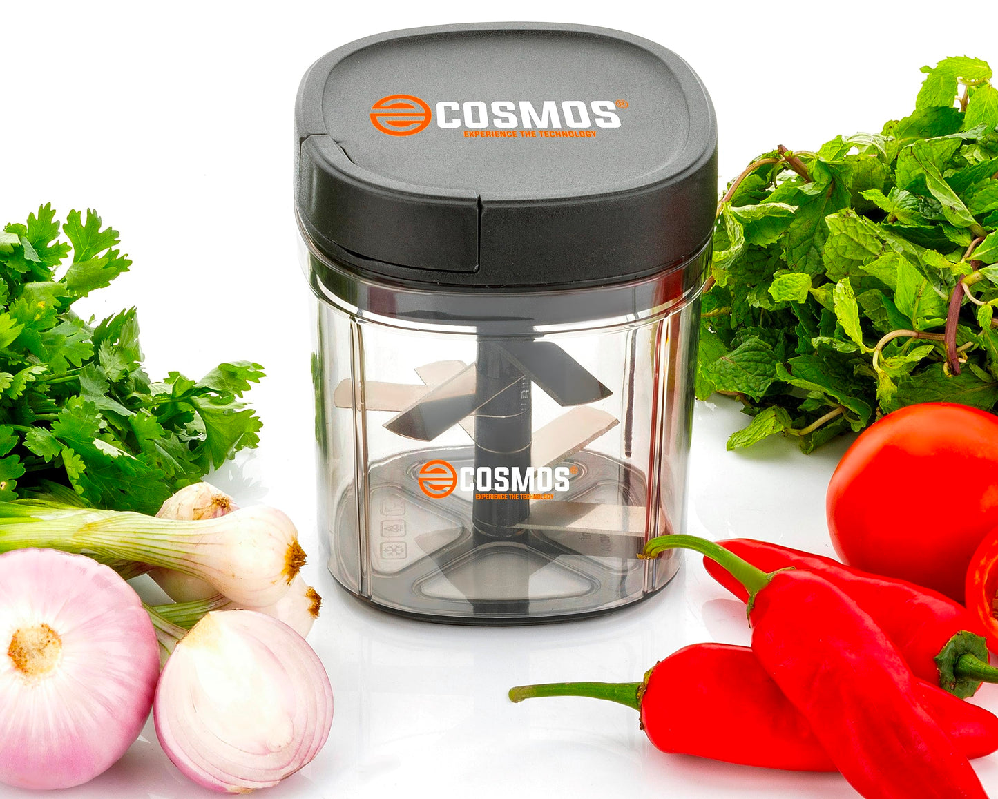 E-COSMOS Food Chopper 900ml, 4 Blade Steel Large Manual Hand-Press Vegetable Chopper Mixer Cutter to Cut Onion, Salad, Tomato, Potato (Pack of 1) 900ml