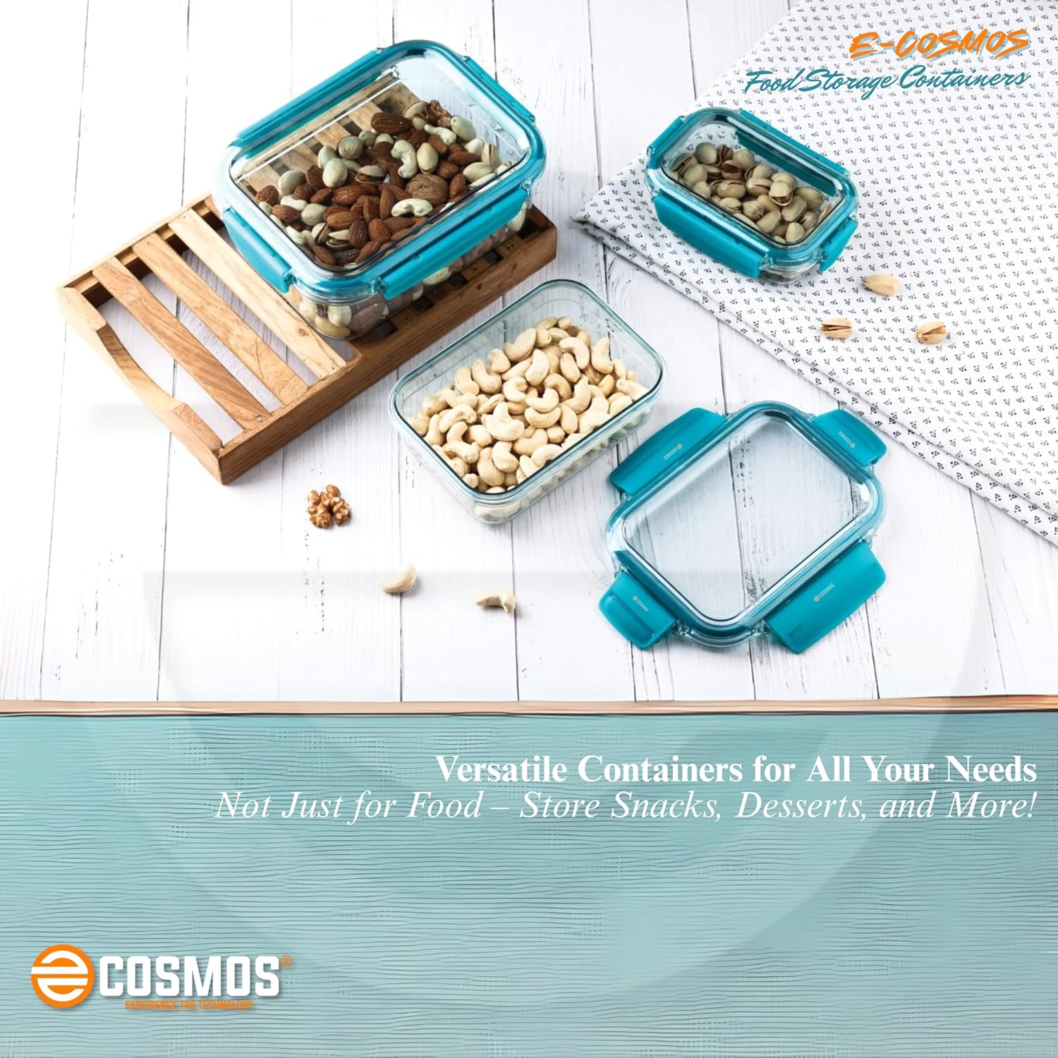 E-COSMOS Airtight Food Storage Jar Container- Versatile Set of 3 Transparent Containers leak Proof (250ml, 650ml, 1250ml) Ideal for Kitchen Organization (Tarquise)