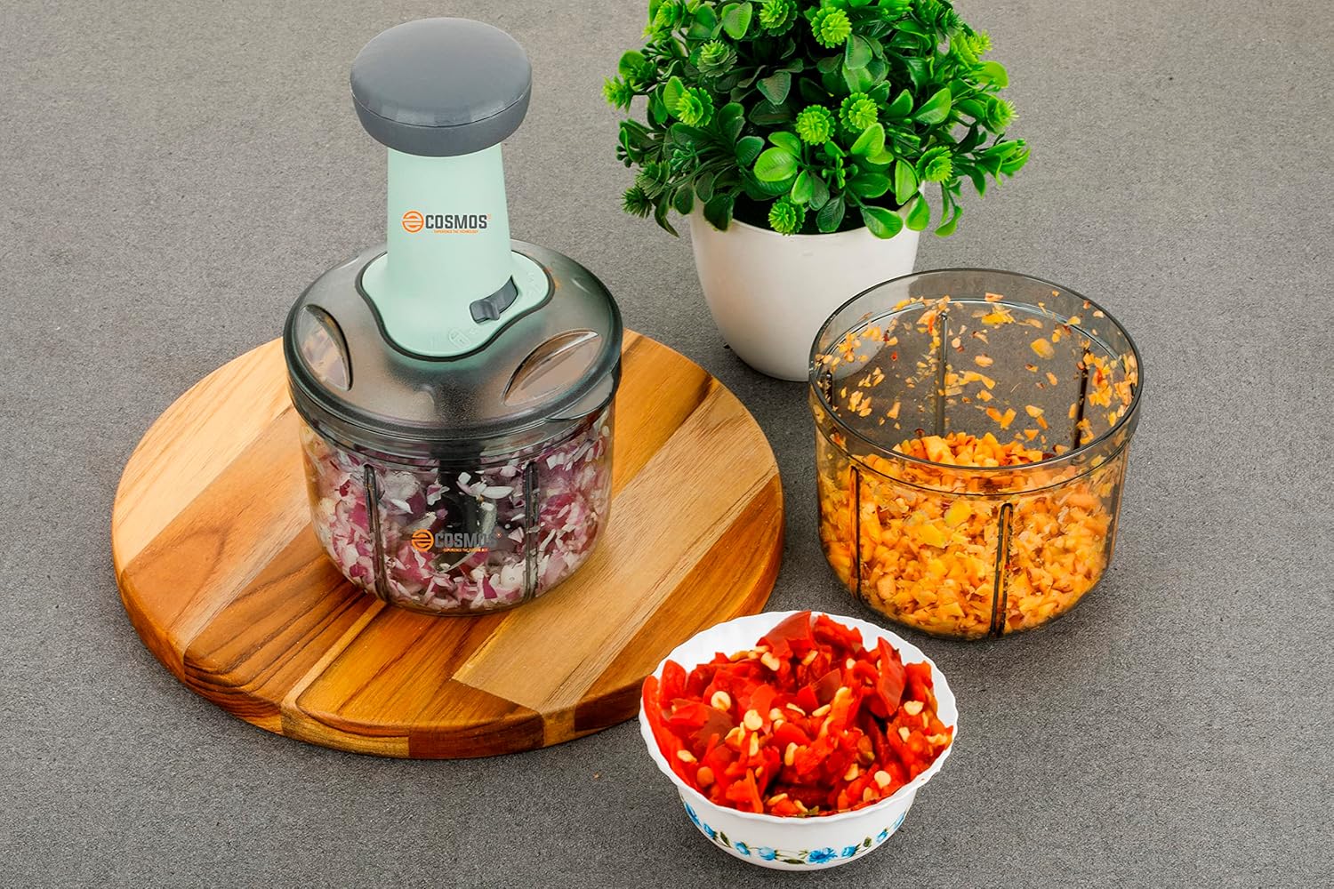 E-COSMOS Food Chopper 900ml, 4 Blade Steel Large Manual Hand-Press Vegetable Chopper Mixer Cutter to Cut Onion, Salad, Tomato, Potato (Pack of 1) 900ml